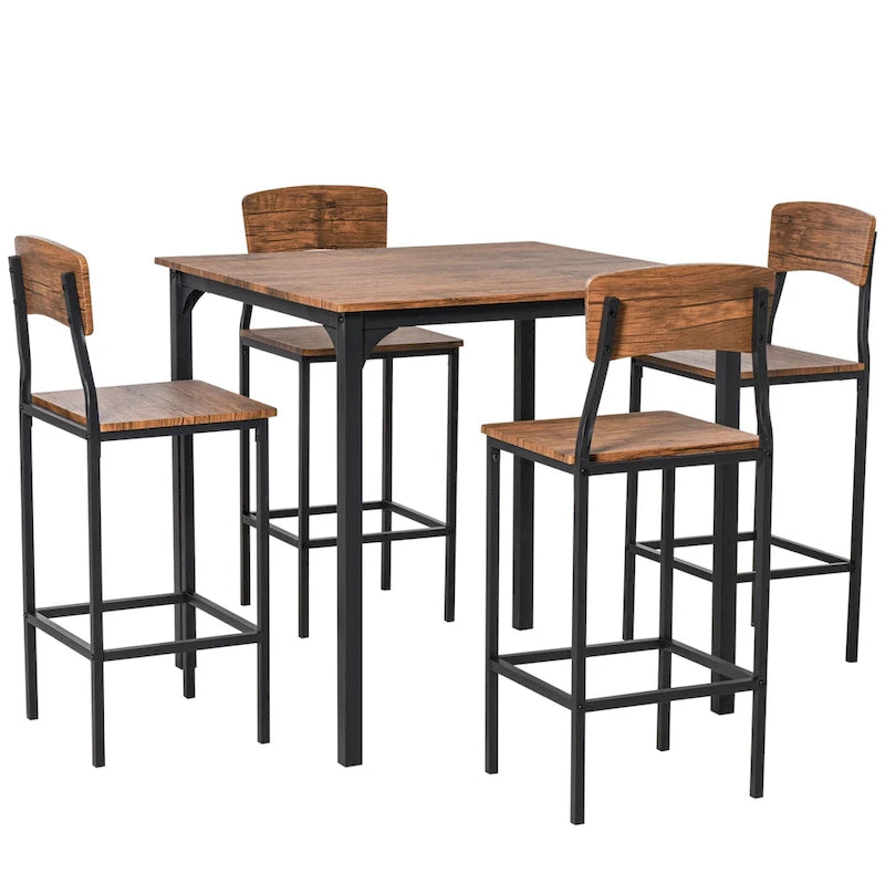Modern Style 5-Piece Dining Set with Square Counter Height Bar Table and 4 Footrest Open Back Dining Chairs