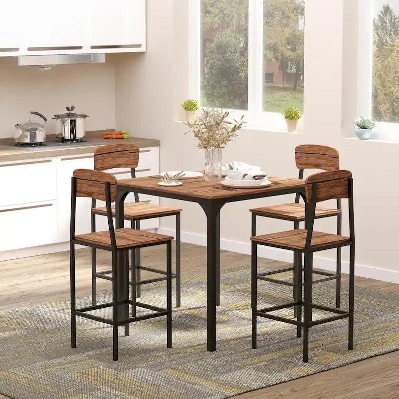 Modern Style 5-Piece Dining Set with Square Counter Height Bar Table and 4 Footrest Open Back Dining Chairs