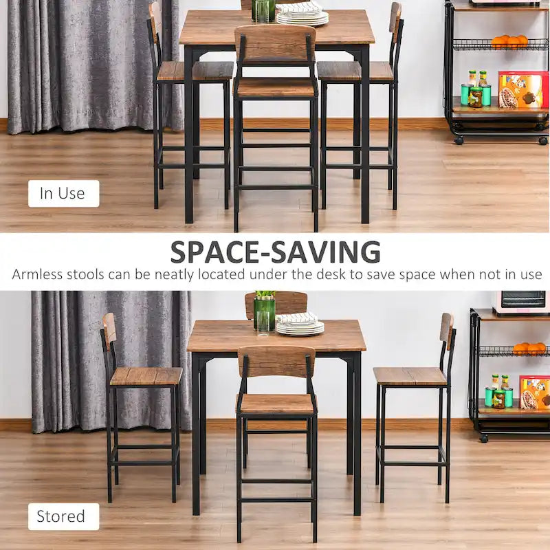 Modern Style 5-Piece Dining Set with Square Counter Height Bar Table and 4 Footrest Open Back Dining Chairs