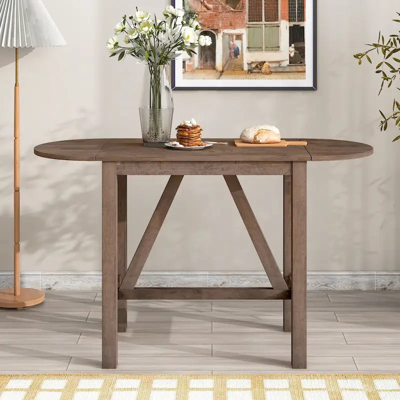 Rustic Style Wooden 3-Piece Dining Table Set with Drop Leaf and 2 Upholstered Dining Chairs