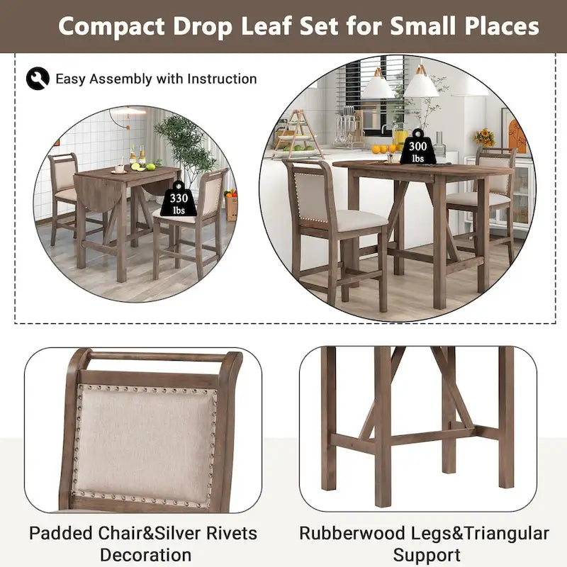 Rustic Style Wooden 3-Piece Dining Table Set with Drop Leaf and 2 Upholstered Dining Chairs