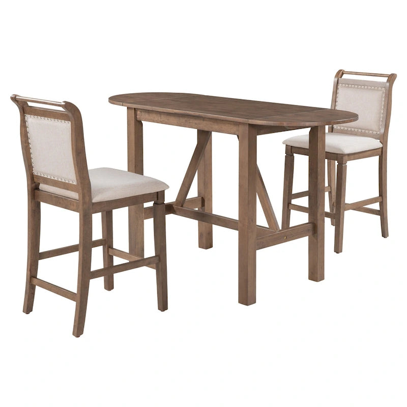 Rustic Style Wooden 3-Piece Dining Table Set with Drop Leaf and 2 Upholstered Dining Chairs