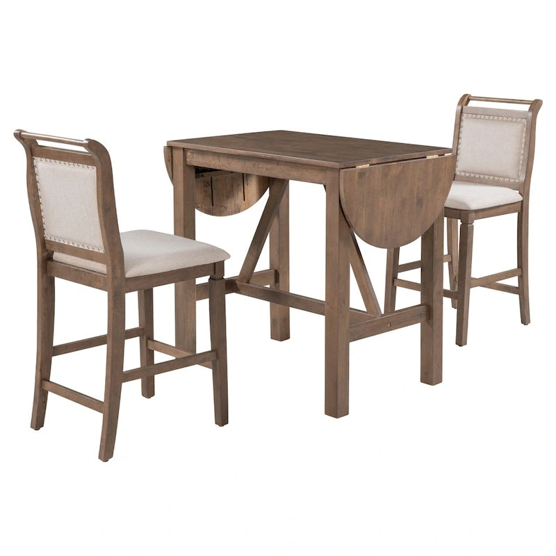 Rustic Style Wooden 3-Piece Dining Table Set with Drop Leaf and 2 Upholstered Dining Chairs