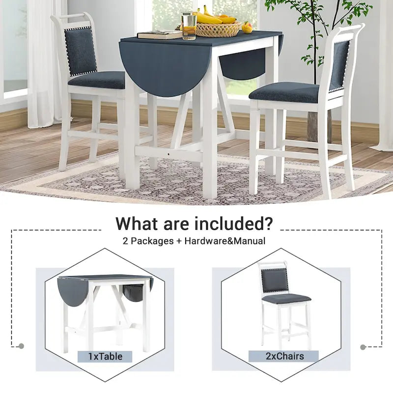 Rustic Style Wooden 3-Piece Dining Table Set with Drop Leaf and 2 Upholstered Dining Chairs