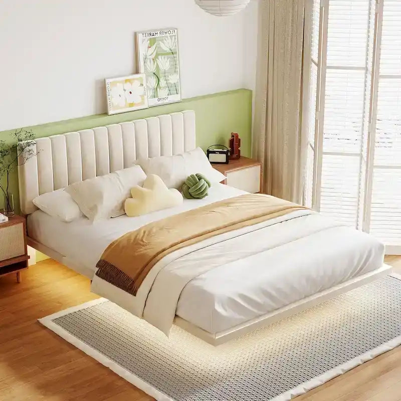 Velvet Floating Queen Upholstered Platform Bed, Sensor Light, Solid Build