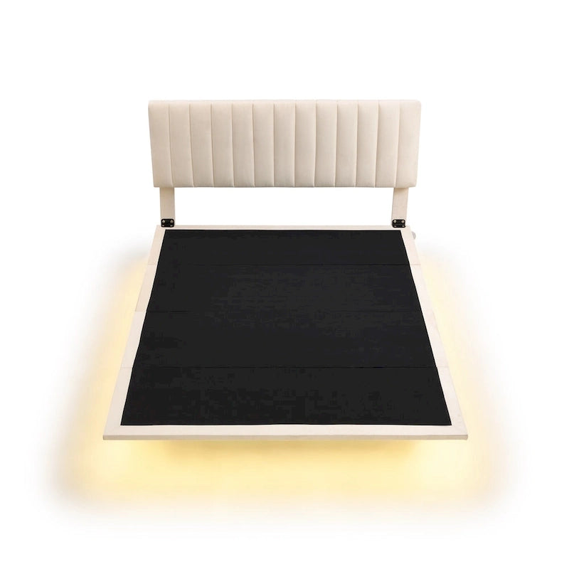 Velvet Floating Queen Upholstered Platform Bed, Sensor Light, Solid Build