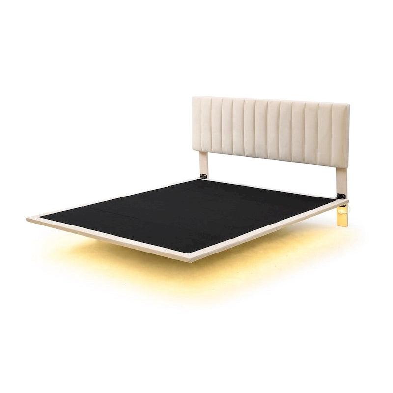 Velvet Floating Queen Upholstered Platform Bed, Sensor Light, Solid Build