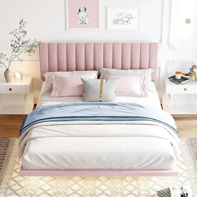 Velvet Floating Queen Upholstered Platform Bed, Sensor Light, Solid Build