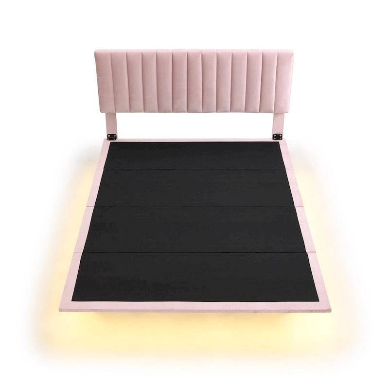 Velvet Floating Queen Upholstered Platform Bed, Sensor Light, Solid Build