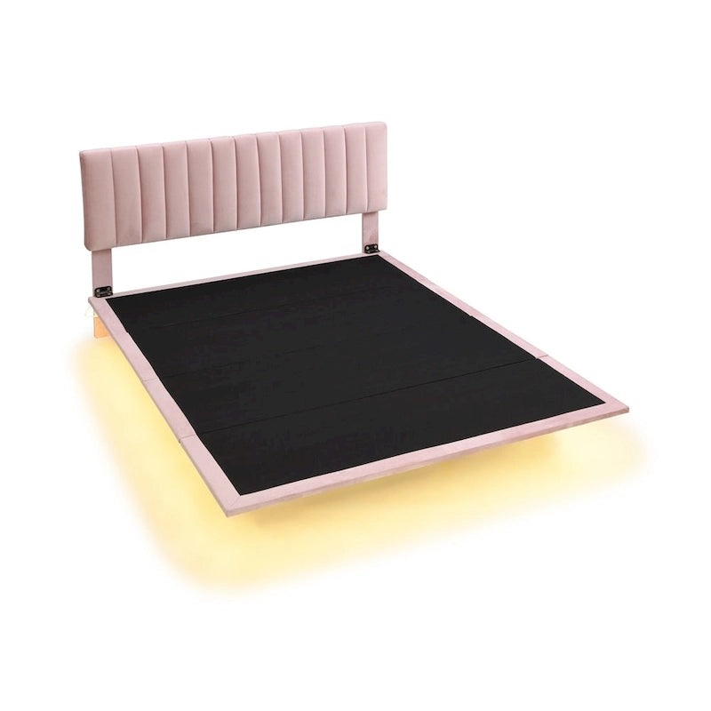 Velvet Floating Queen Upholstered Platform Bed, Sensor Light, Solid Build