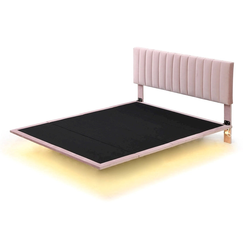 Velvet Floating Queen Upholstered Platform Bed, Sensor Light, Solid Build