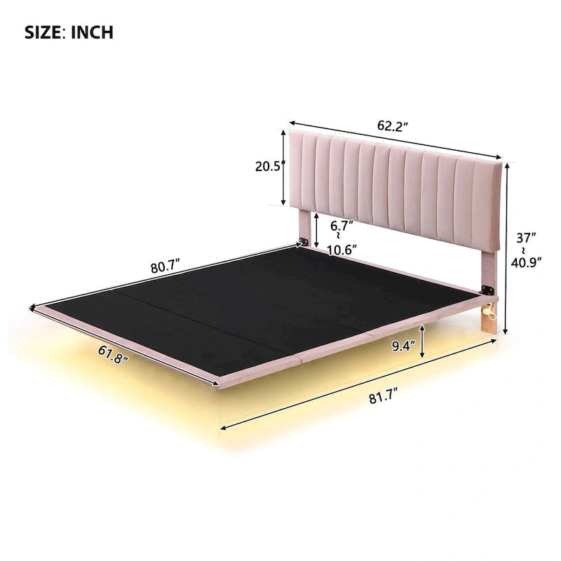 Velvet Floating Queen Upholstered Platform Bed, Sensor Light, Solid Build