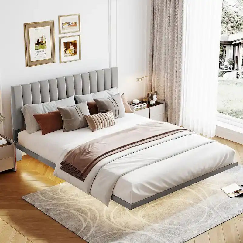 Velvet Floating Queen Upholstered Platform Bed, Sensor Light, Solid Build