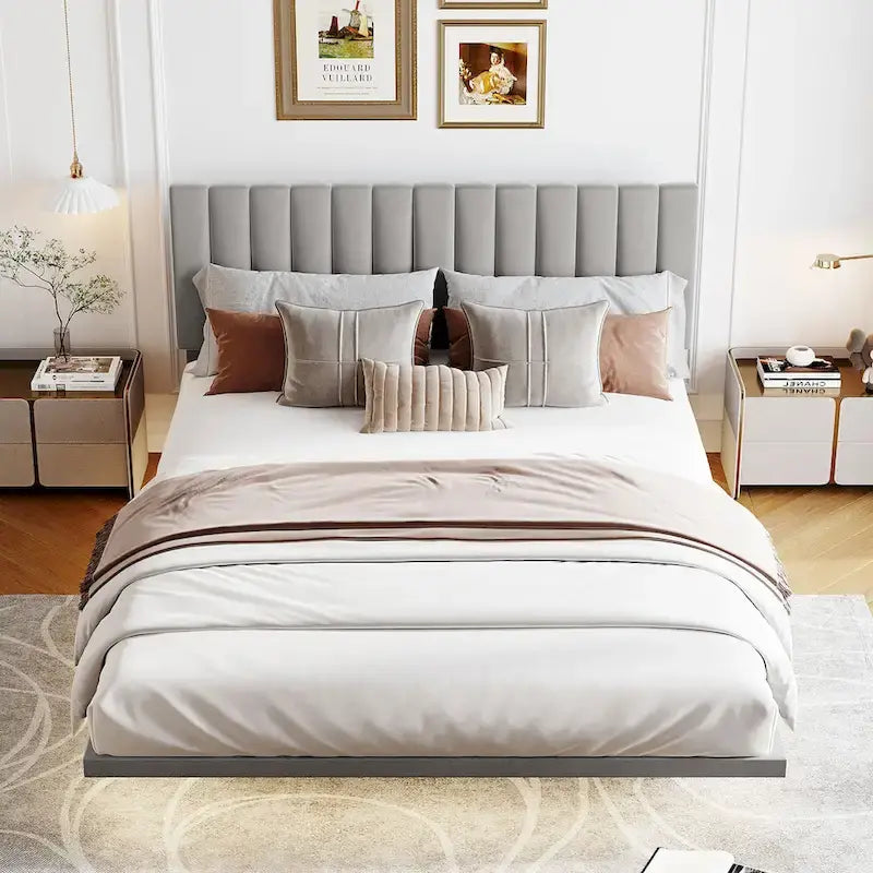 Velvet Floating Queen Upholstered Platform Bed, Sensor Light, Solid Build