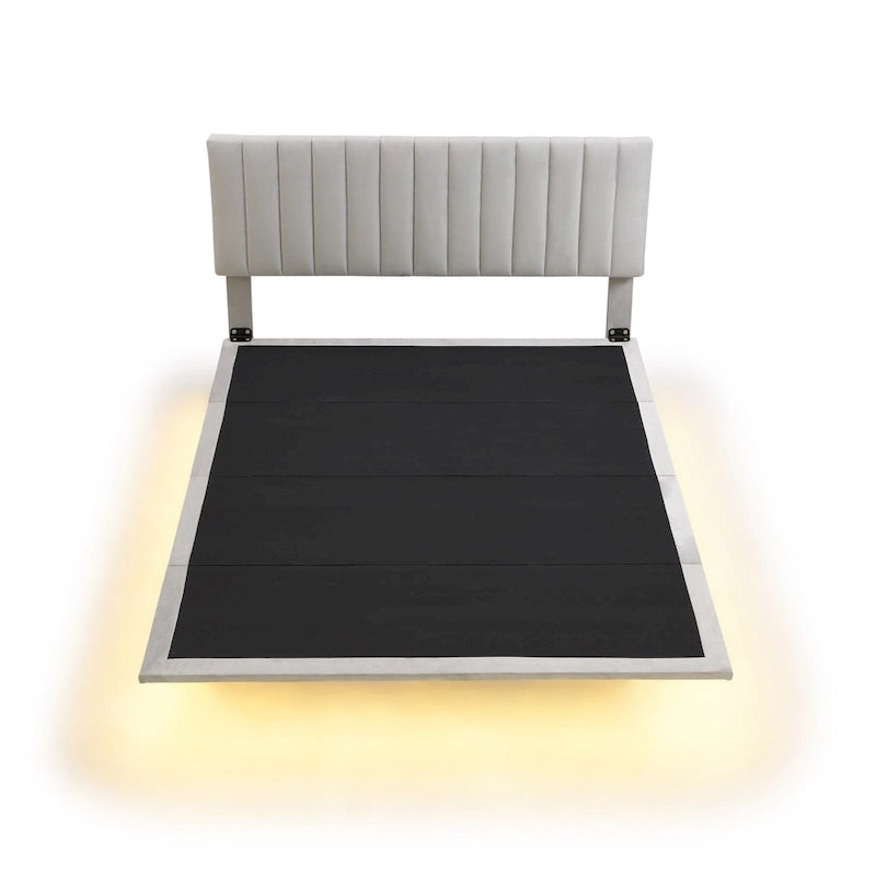 Velvet Floating Queen Upholstered Platform Bed, Sensor Light, Solid Build