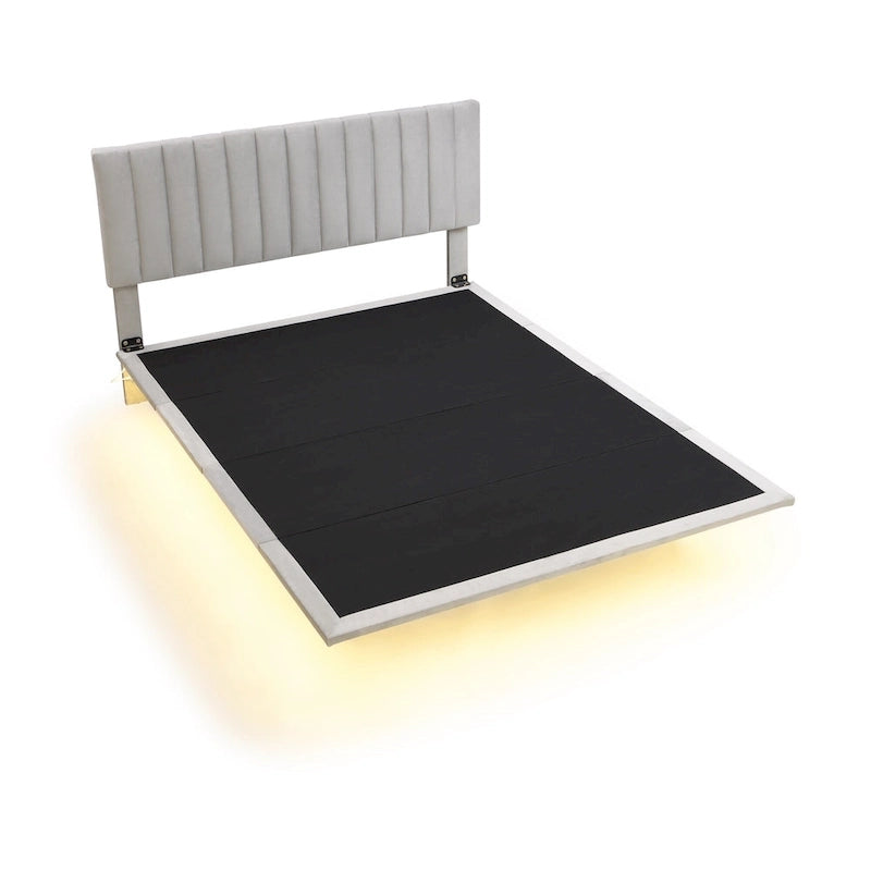 Velvet Floating Queen Upholstered Platform Bed, Sensor Light, Solid Build