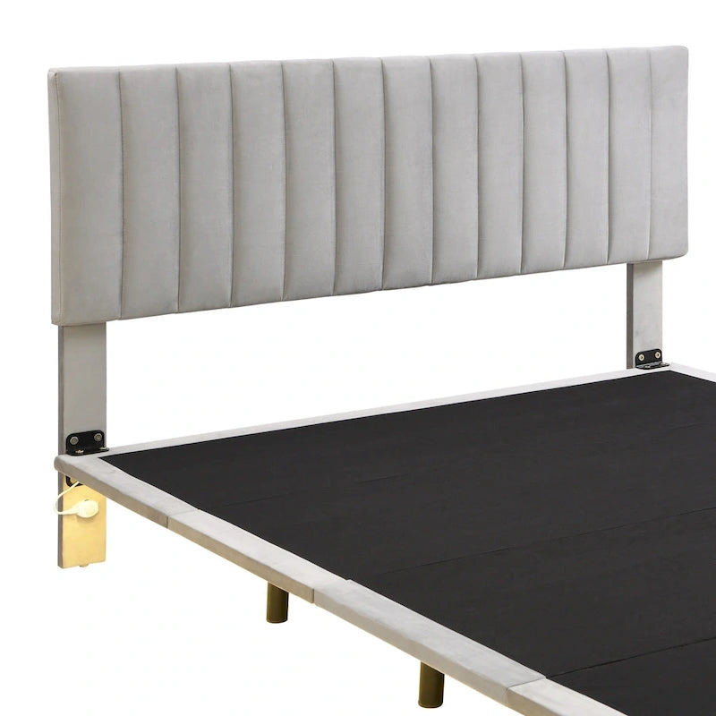 Velvet Floating Queen Upholstered Platform Bed, Sensor Light, Solid Build