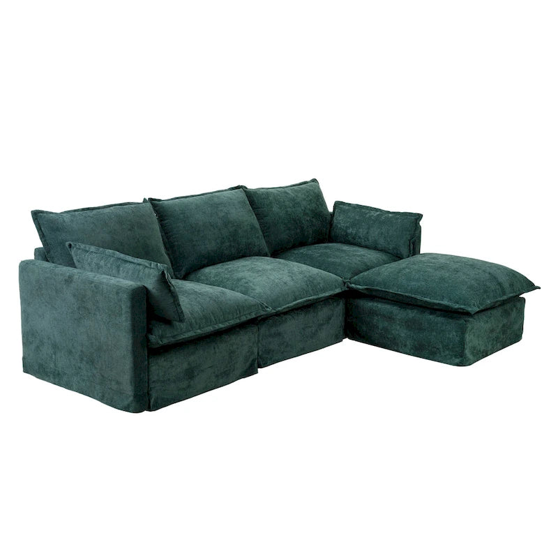 93.31 Faux Linen Modular Sectional Sofa with Ottoman, Wood Frame