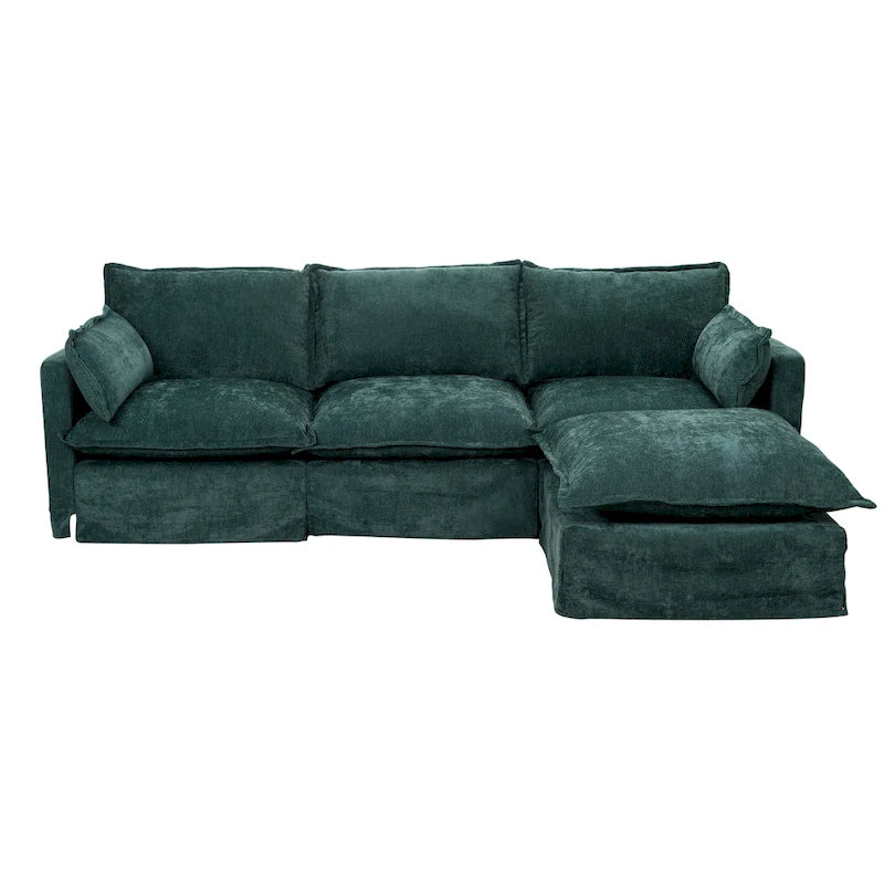 93.31 Faux Linen Modular Sectional Sofa with Ottoman, Wood Frame