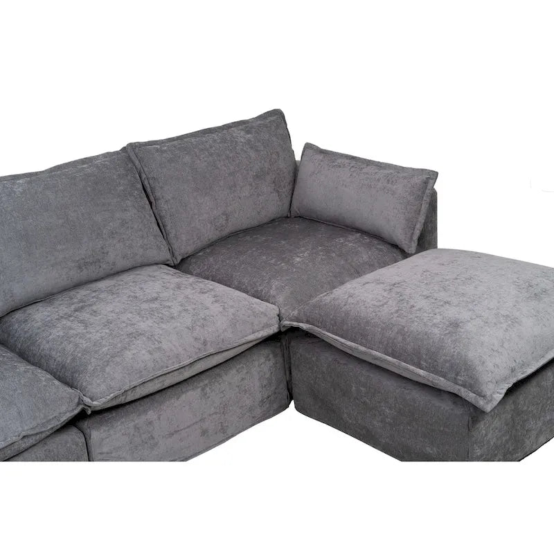 93.31 Faux Linen Modular Sectional Sofa with Ottoman, Wood Frame