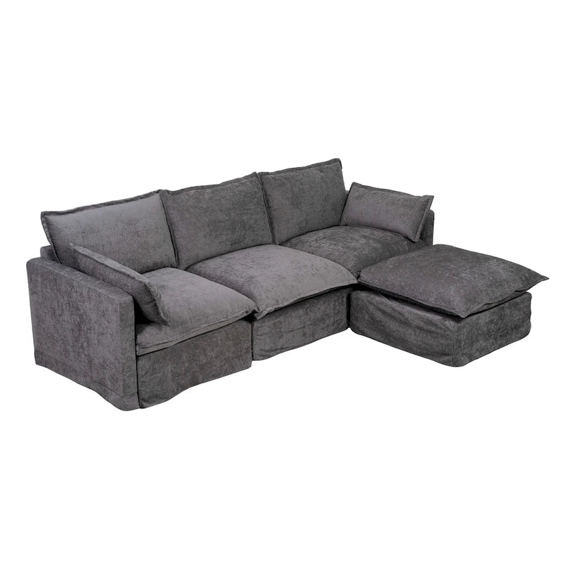 93.31 Faux Linen Modular Sectional Sofa with Ottoman, Wood Frame