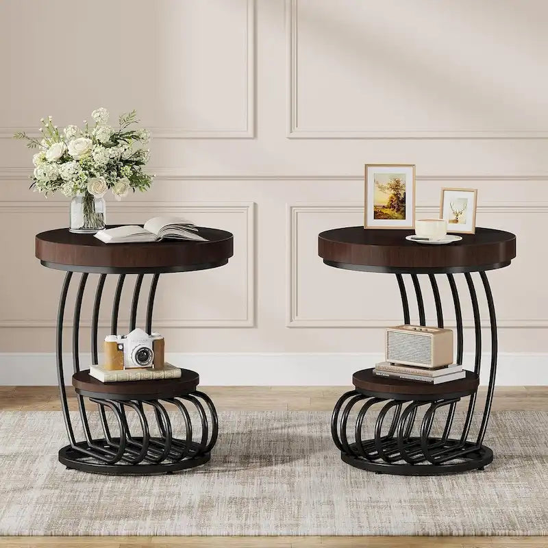 2 Tiers Round End Table with Shelf Storage, Arc-Shaped Side Sofa Table
