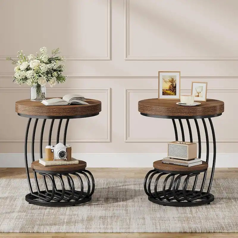 2 Tiers Round End Table with Shelf Storage, Arc-Shaped Side Sofa Table