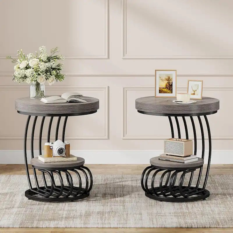 2 Tiers Round End Table with Shelf Storage, Arc-Shaped Side Sofa Table