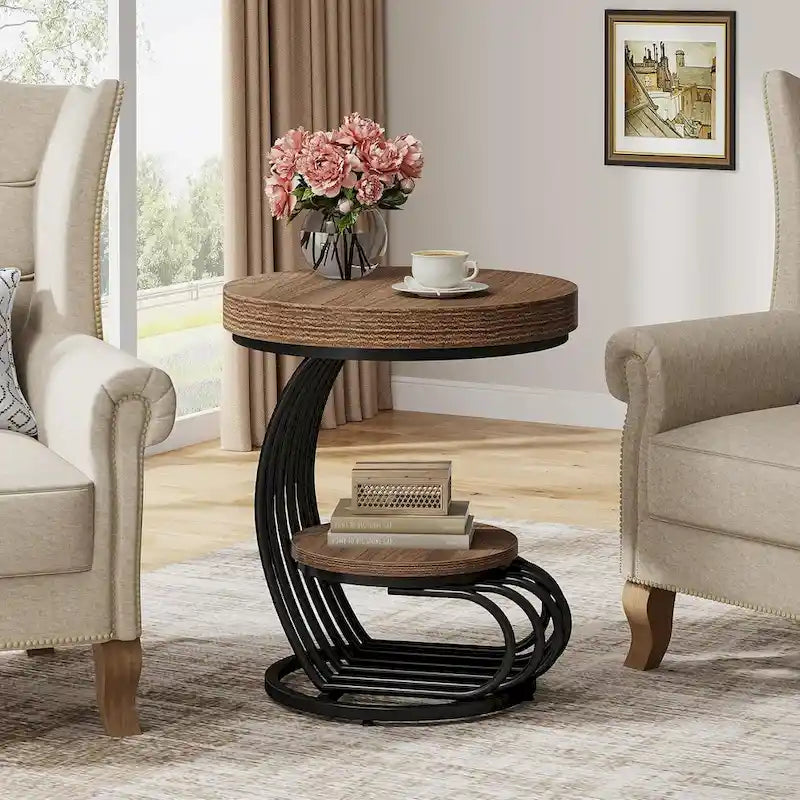 2 Tiers Round End Table with Shelf Storage, Arc-Shaped Side Sofa Table
