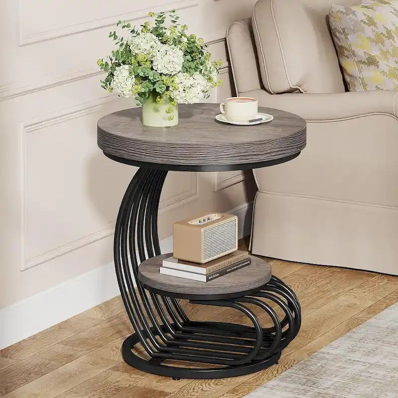 2 Tiers Round End Table with Shelf Storage, Arc-Shaped Side Sofa Table