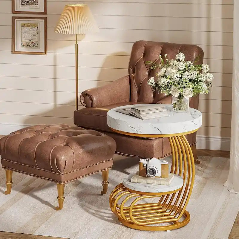 2 Tiers Round End Table with Shelf Storage, Arc-Shaped Side Sofa Table