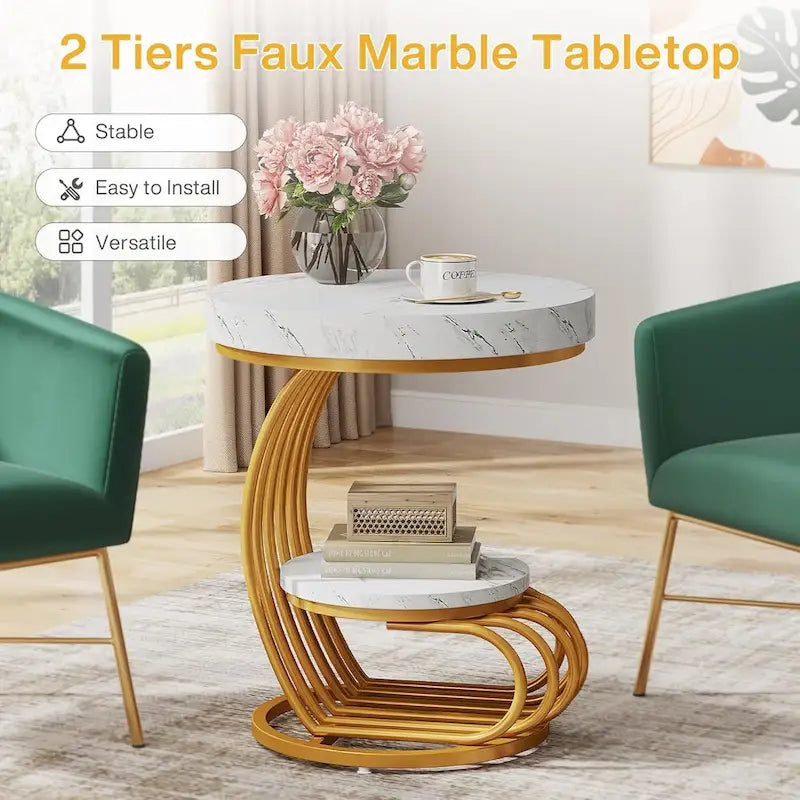 2 Tiers Round End Table with Shelf Storage, Arc-Shaped Side Sofa Table