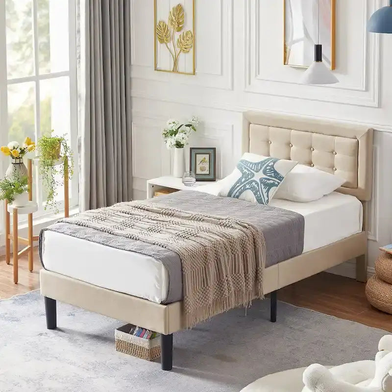 VECELO Tufted Upholstered Platform Bed Frame with Adjustable Headboard,Beige-Just have Full Size Bed