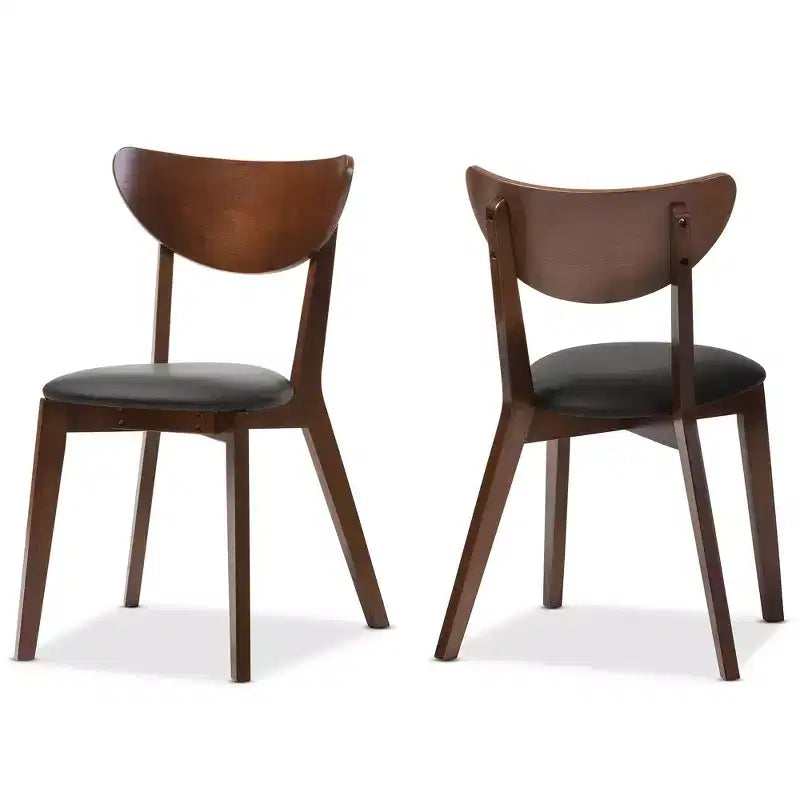 Baxton Studio Set of 2 Sumner Mid-Century Faux Leather Dining Chairs - Black, &amp;#34;Walnut&amp;#34; Brown: Rubberwood Frame, 250lb Capacity