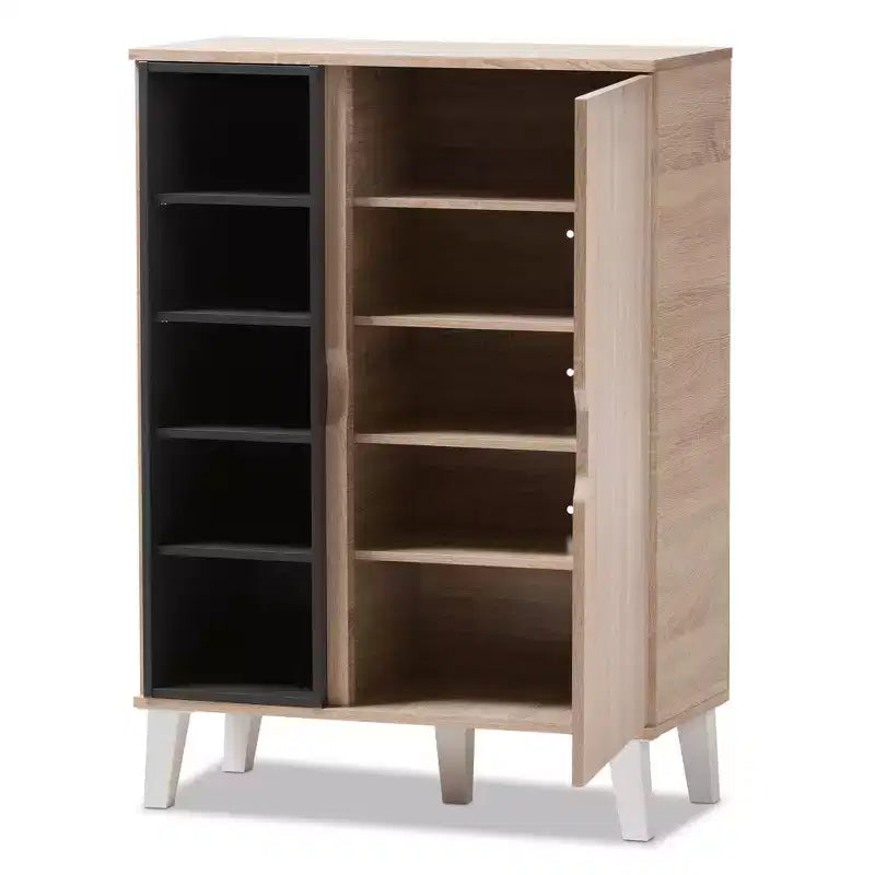 Meuble à chaussures en bois à 1 porte style Mid-Century Modern - Brun : Organisateur de chaussures autoportant pour entrée, contient 15 paires