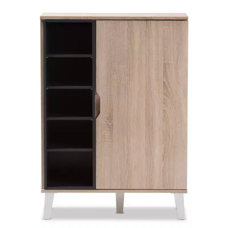 Meuble à chaussures en bois à 1 porte style Mid-Century Modern - Brun : Organisateur de chaussures autoportant pour entrée, contient 15 paires