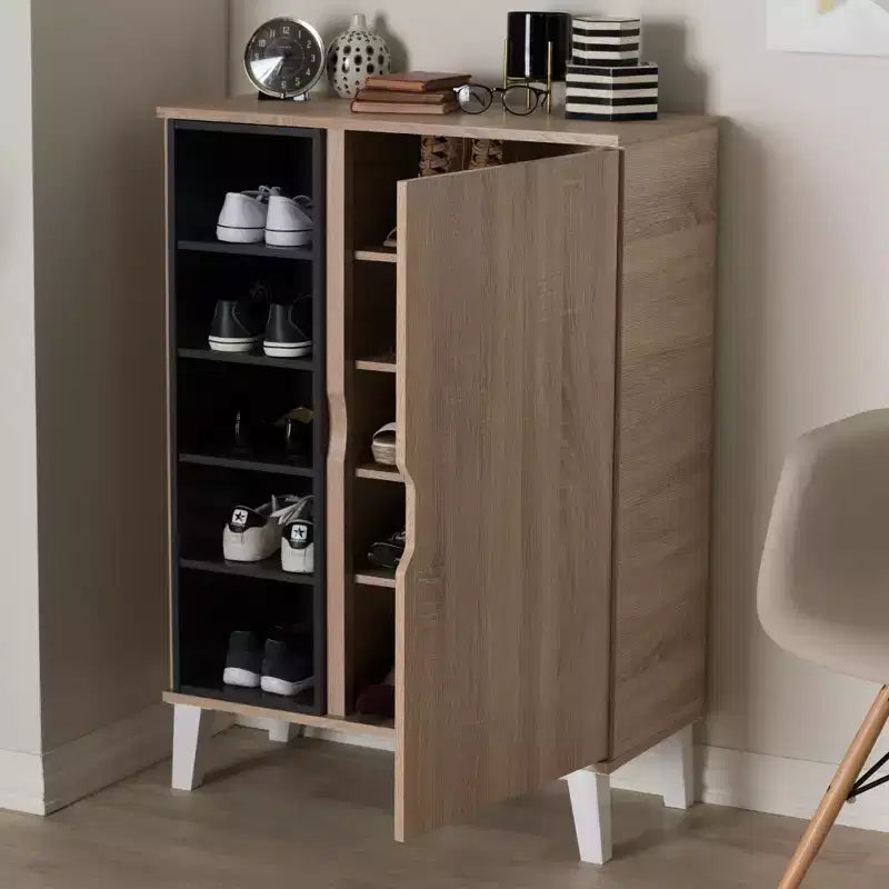 Meuble à chaussures en bois à 1 porte style Mid-Century Modern - Brun : Organisateur de chaussures autoportant pour entrée, contient 15 paires