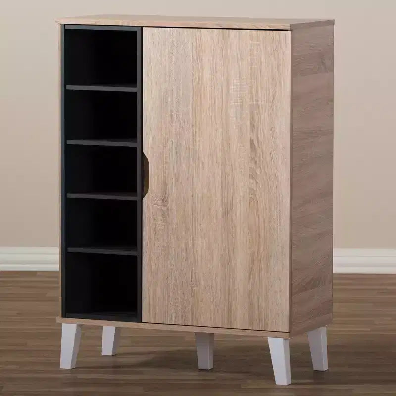 Meuble à chaussures en bois à 1 porte style Mid-Century Modern - Brun : Organisateur de chaussures autoportant pour entrée, contient 15 paires