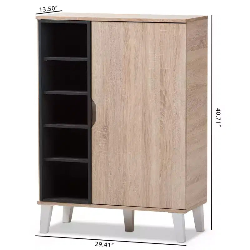 Meuble à chaussures en bois à 1 porte style Mid-Century Modern - Brun : Organisateur de chaussures autoportant pour entrée, contient 15 paires