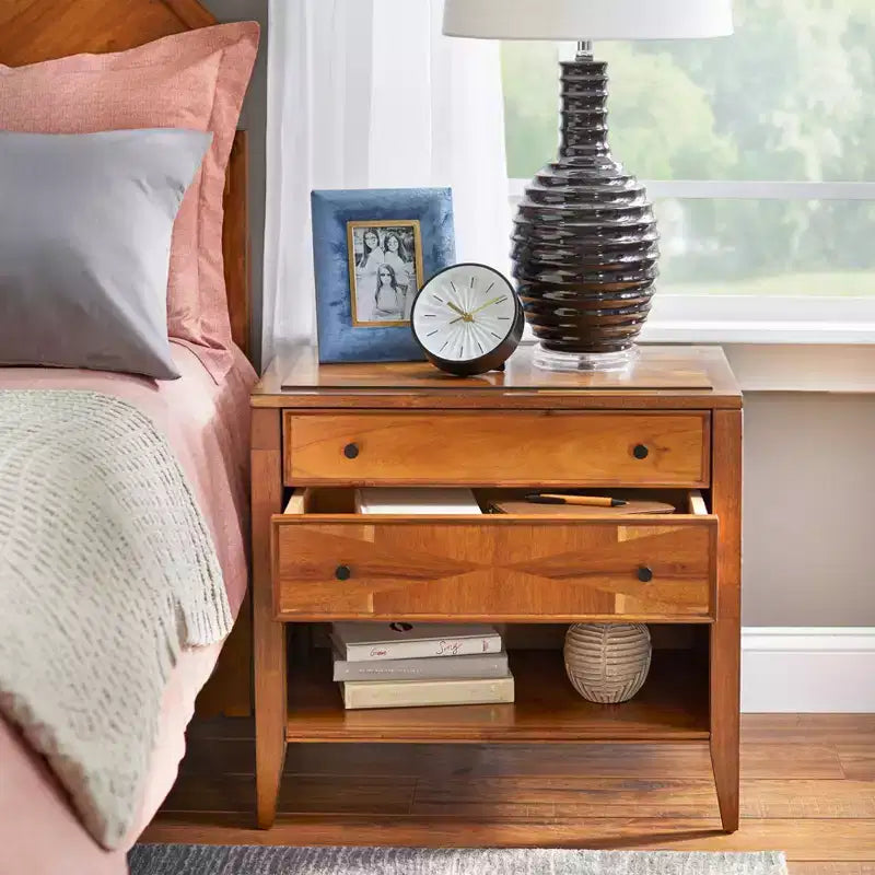 Table de chevet moderne du milieu du siècle à 2 tiroirs en chêne : Table de chevet moderne avec rangement, placage de bois d'acacia, glissières en métal