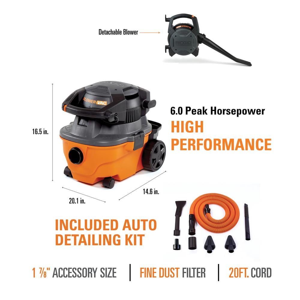 4 Gal. 6.0 Peak HP Wet/Dry Shop Vacuum with Detachable Blower, Fine Dust Filter, Hose, Accessories and Car Cleaning Kit WD4080A