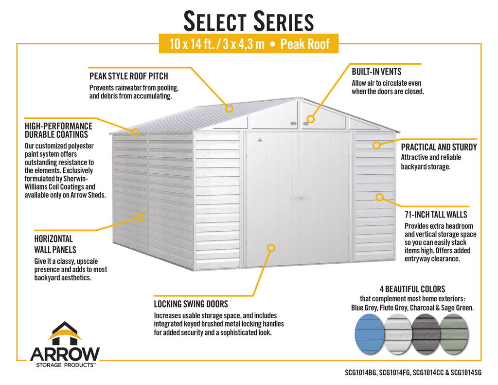 Arrow Select Steel Storage Shed, 10x14, Blue Grey