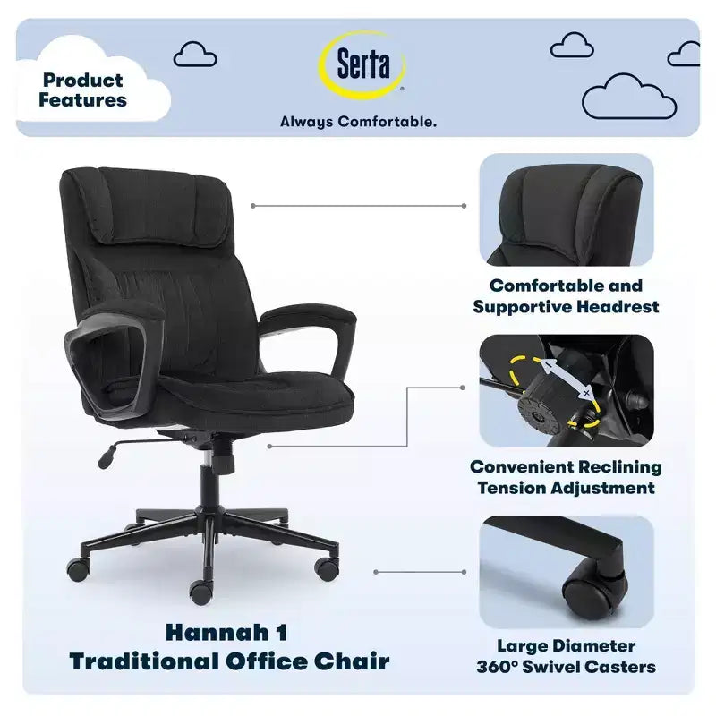 Chaise de bureau ergonomique | Hauteur réglable, coussin en microfibre, roulettes à 360°