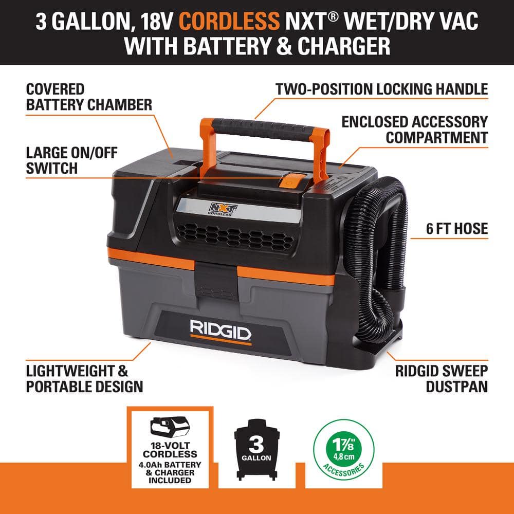 3 Gal. 18-Volt Cordless Handheld NXT Wet/Dry Vacuum with Battery, Charger, Fine Dust Filter, Hose and Accessories HD0320