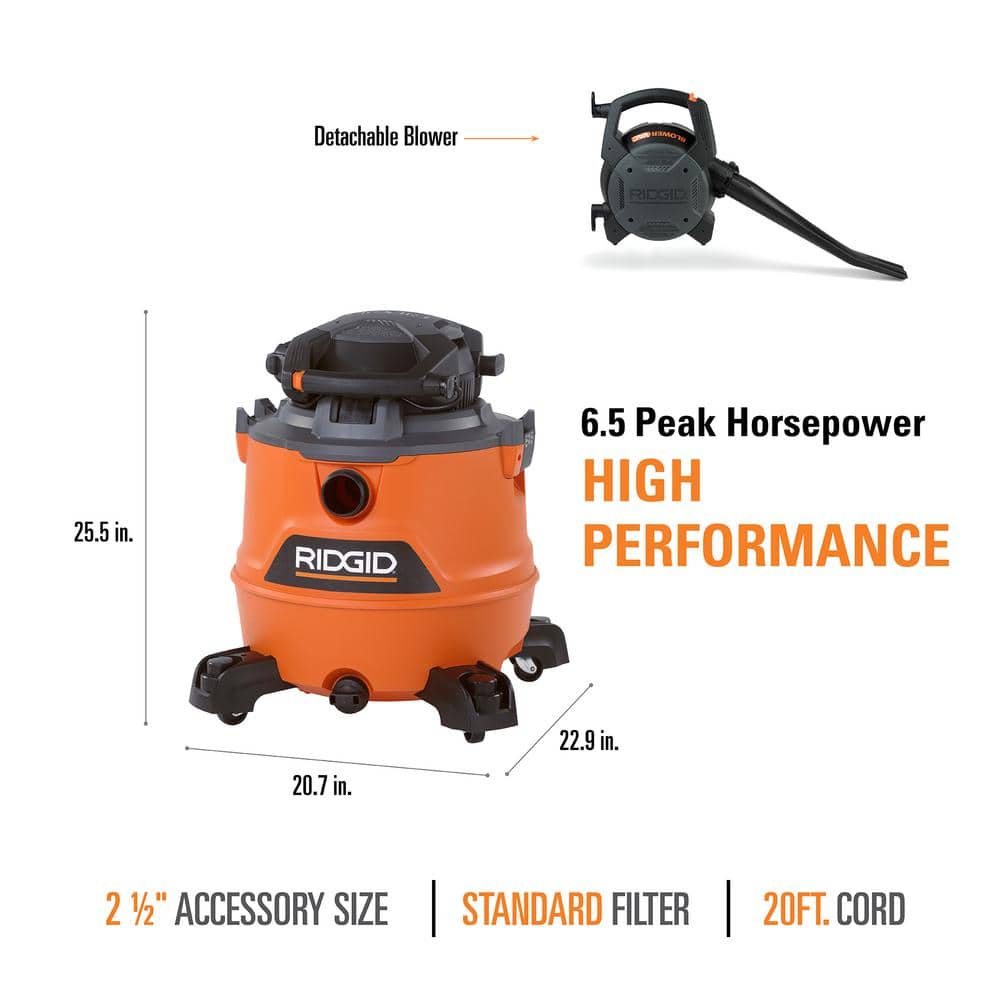 16 Gallon 6.5 Peak HP NXT Wet/Dry Shop Vacuum with Detachable Blower, Filter, Locking Hose and Accessories HD1600