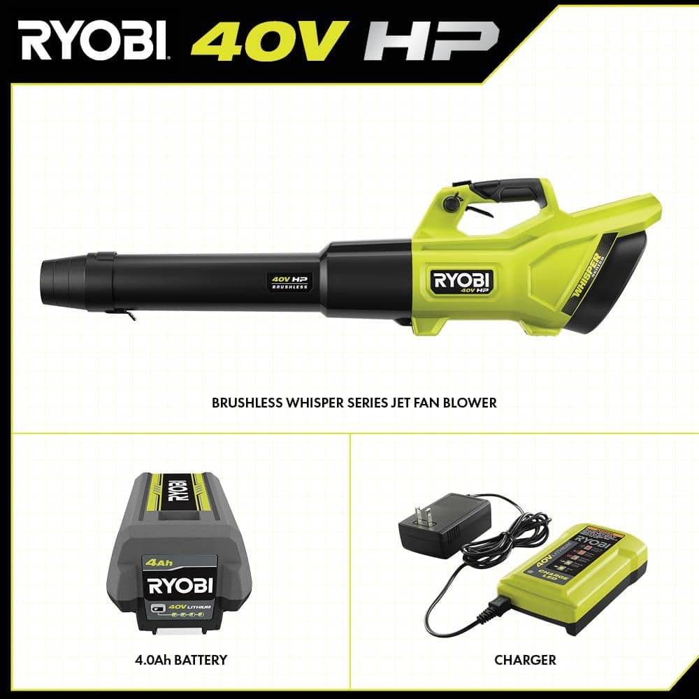 40V HP Brushless Whisper Series 155 MPH 600 CFM Cordless Battery Leaf Blower with 4.0 Ah Battery and Charger RY404130