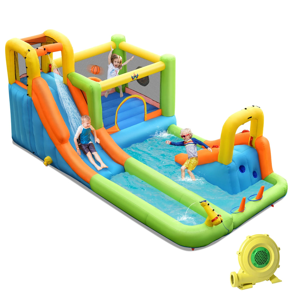 Costway Inflatable Water Slide Park Bounce House Splash Pool with 750W Blower