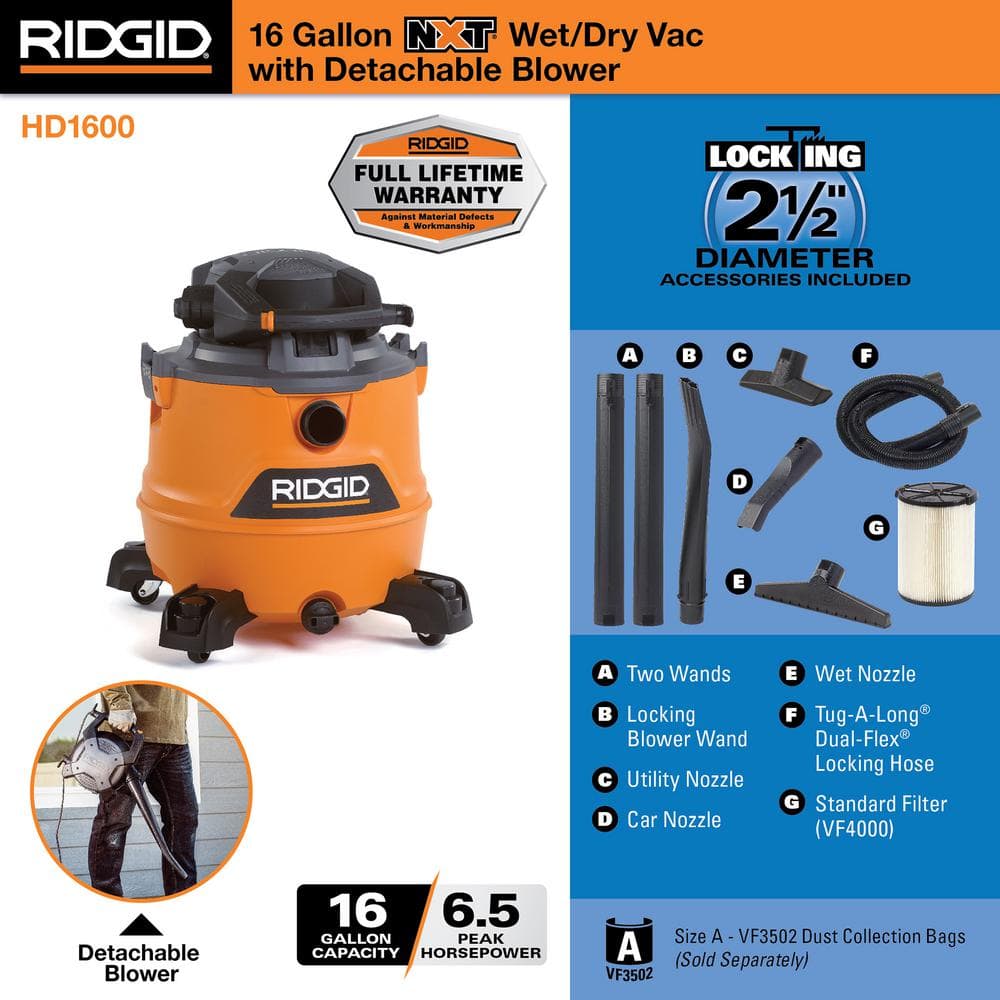 16 Gallon 6.5 Peak HP NXT Wet/Dry Shop Vacuum with Detachable Blower, Filter, Locking Hose and Accessories HD1600