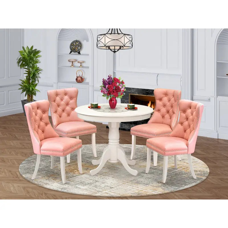 East West Furniture Dinette Set Consists of a Round Kitchen Table and Upholstered Chairs, Linen White (Pieces Options)