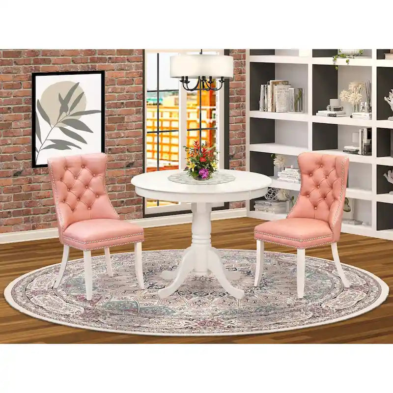 East West Furniture Dinette Set Consists of a Round Kitchen Table and Upholstered Chairs, Linen White (Pieces Options)